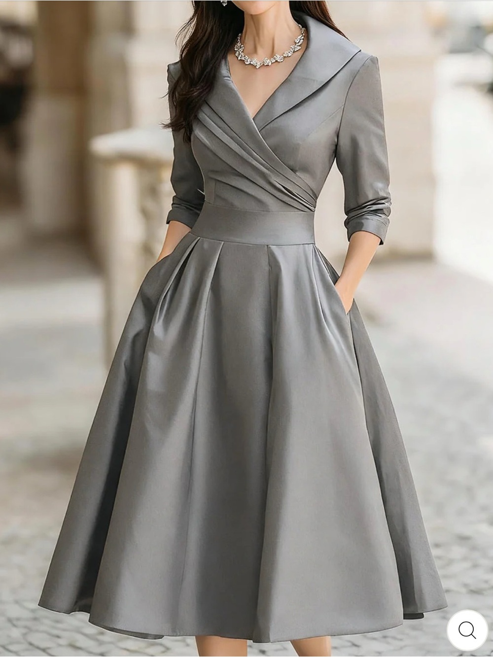 Elegant Gray Wrap-Style Midi Dress